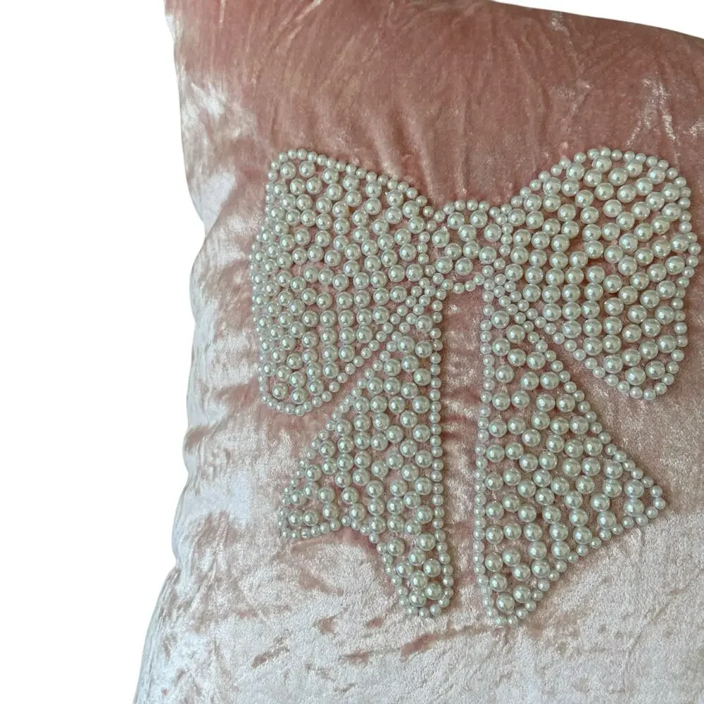 Magaschoni Beaded Faux Pearl Bows on Pink Velvet Decorative Pillow 14x20 New